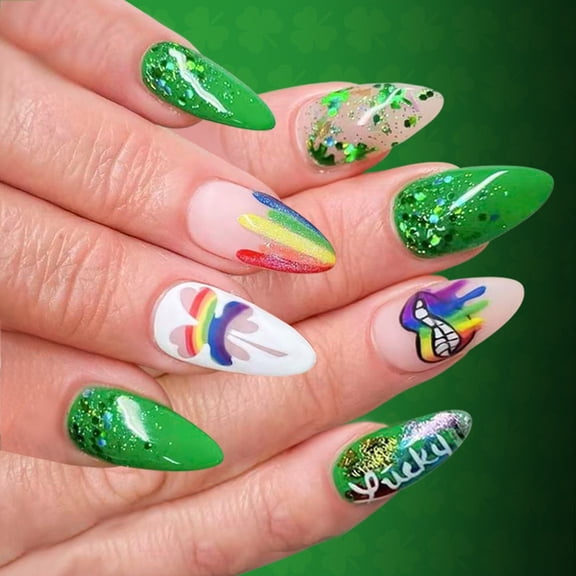 JROCHE Party Ready Press On Nail 24Pcs Green Glitters and Rainbows Clovers Pattern