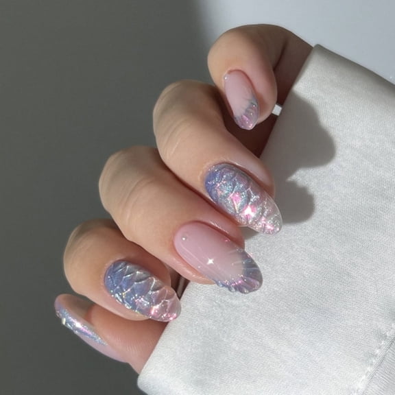 JROCHE Short Almond Press On Nail With 3D Fish Scale French Blue Art Durability