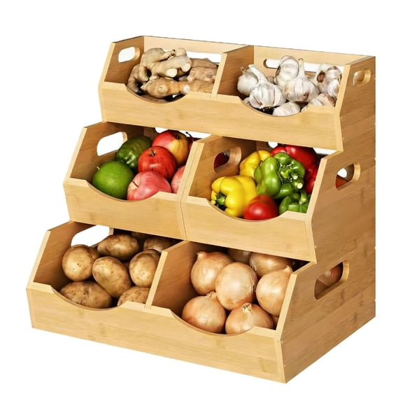 JROCHE Three Layer Kitchen Fruit And Vegetable Storage Basket With Separate Compartments For Organized Countertop 3 Level Storage Crate For Fruits Vegetables And Kitchen Goods household Organization