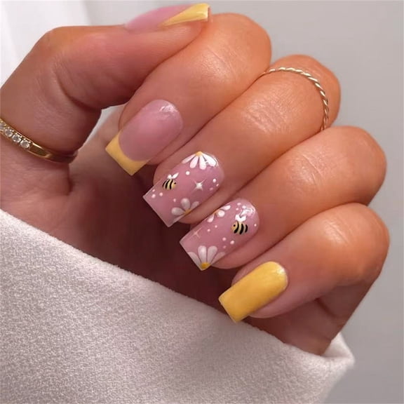 JROCHE Yellow French False Nail Short Length Featuring White Flowers Bees Shining Look