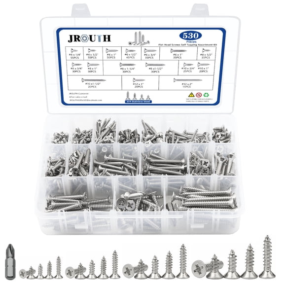 JROUTH 530Pcs Stainless Steel Wood Screws Set #4#6#8#10#12 Phillips Flat Head Sheet Metal Screw Self Tapping Screws Assortment Kit, Length 1/4" to 2"