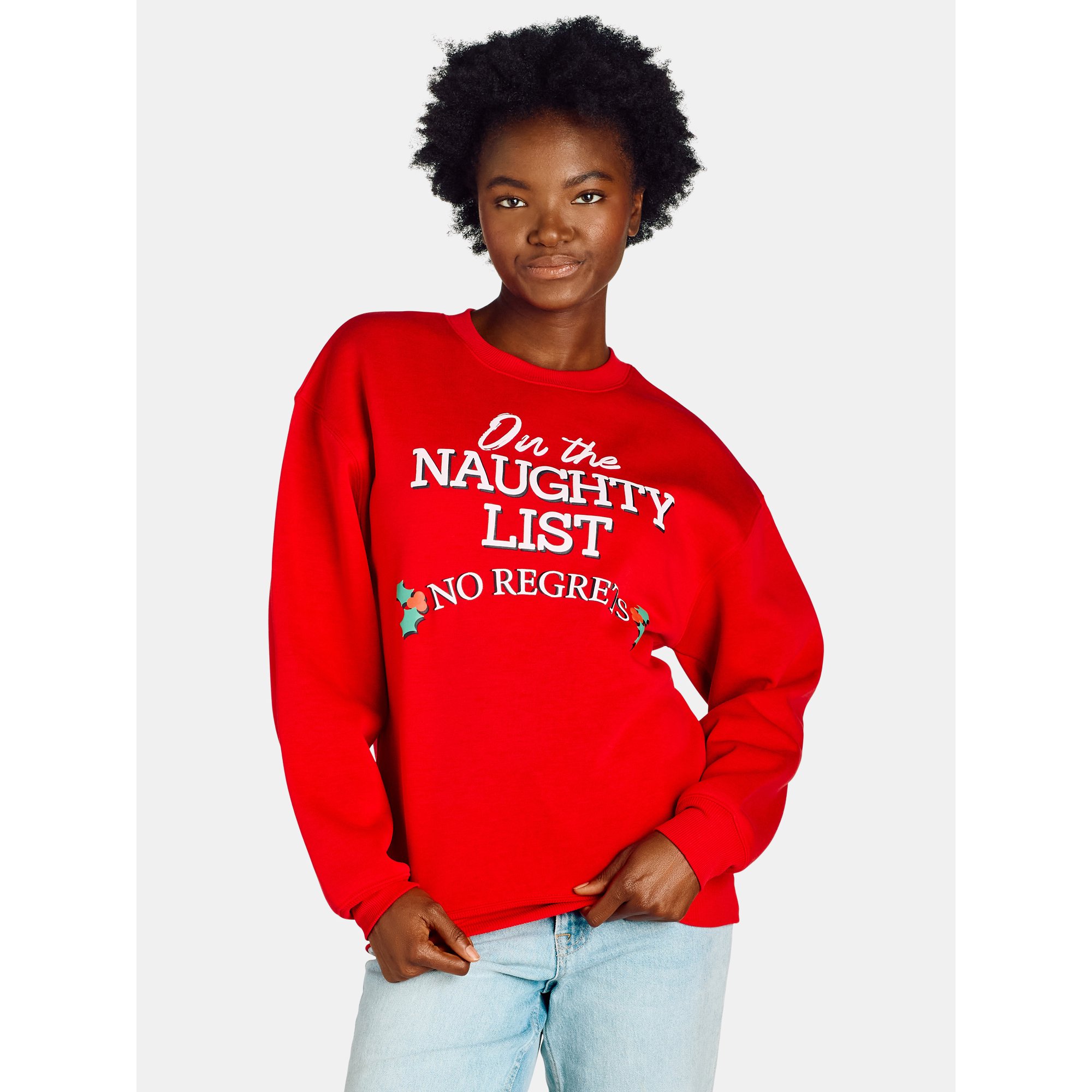 Women’s Christmas Naughty List Graphic Pullover Sweatshirt with Long Sleeves, Sizes XXS-L