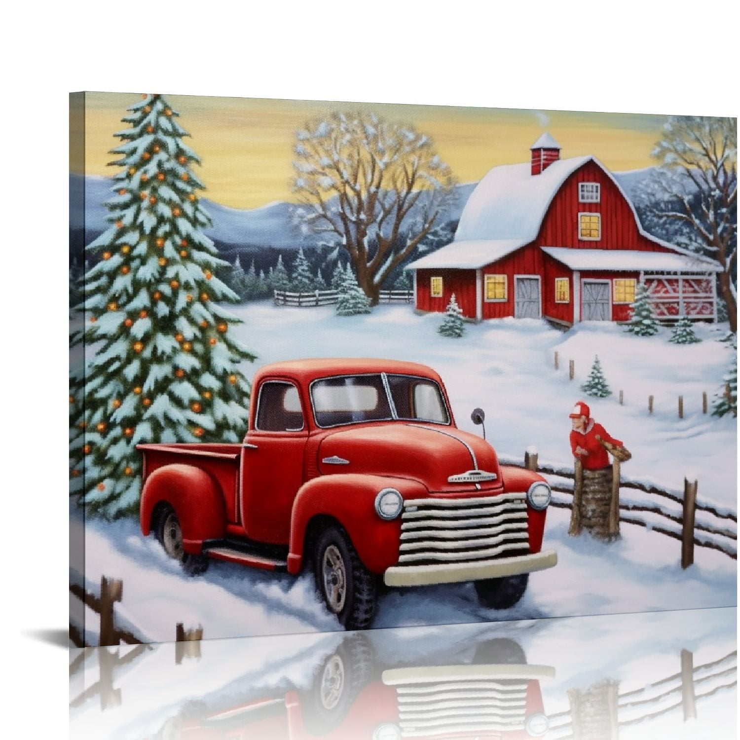 JRXY 16" x 12" Christmas Canvas Wall Art Prints Red Truck Barn House