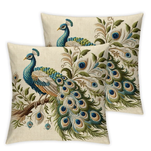 JRXY 2-Piece Short Plush Pillowcase Vintage Blue Elegant Colorful Peacock Double Side White