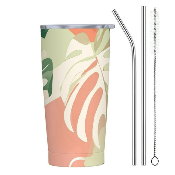 JRXY 20oz Car Straw Cup (with Straw) Palm Leaves with Lush Branches and Leaves, Tropical Jungle Palm Leaves with Charming Colors 20oz