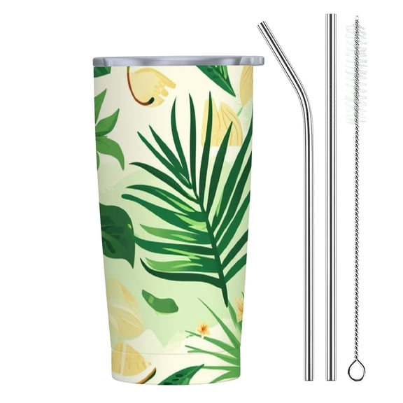 JRXY 20oz Car Straw Cup (with Straw) Palm Leaves with Lush Branches and Leaves, Tropical Jungle Palm Leaves with Charming Colors 20oz