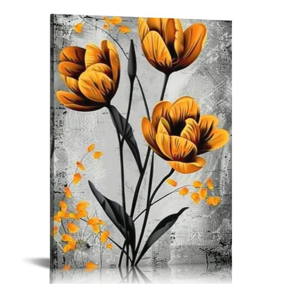 JRXY  3 Pieces Elegant Orange Flower Canvas Wall Art Poppy Rose Tulip Floral Abstract Artwork for Bedroom Modern Home Decor Ready to Hang  16x20 in
