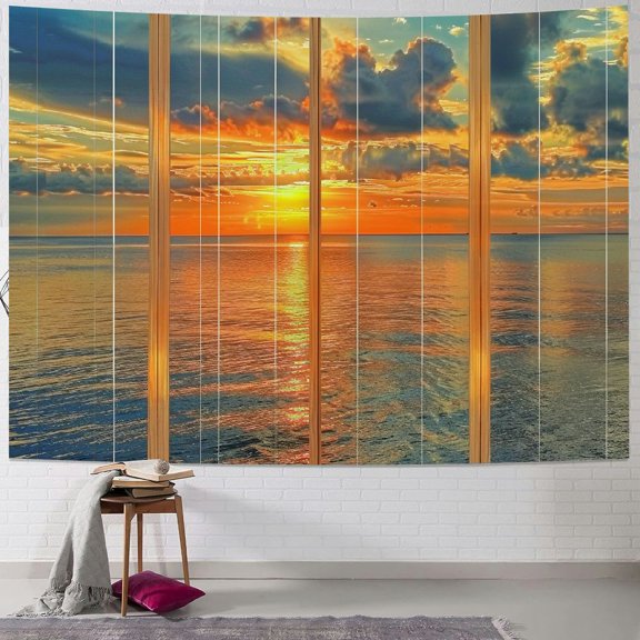 JRXY 3D Ocean Window View Tapestry Wall Hanging Sun Sunset Sea Beach Scenic Landscape Tapestries for Bedroom Living Room Home Decor Painting