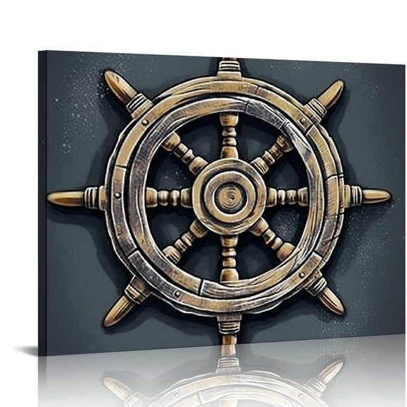 JRXY  Nautical Wall Art Ship Wheel Boat Anchor Lighthouse and Compass Painting Canvas Prints Gold and Blue Ocean Theme Poster Artwork for Modern Home Bedroom Decor Ready to Hang 20x16in