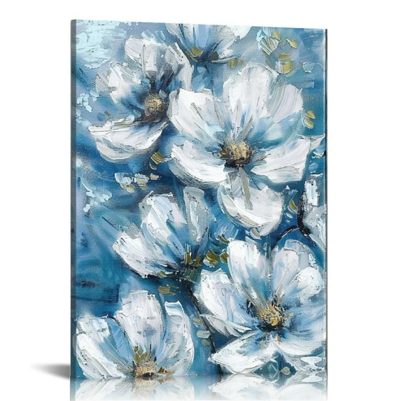 JRXY Abstract Floral Wall Art Picture: White & Blue Lily Painting with Blooming Petals Artwork on Canvas for Bedroom 16x20 in