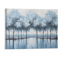 JRXY Abstract Landscape Oil Painting On Canvas Wall Art 20x16 Inch Hand Painted Large Contemporary Blue Textured Tree Wall Paintings for Home Decor 20x16in