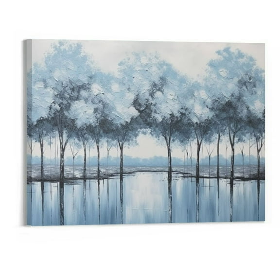 JRXY Abstract Landscape Oil Painting On Canvas Wall Art 20x16 Inch Hand Painted Large Contemporary Blue Textured Tree Wall Paintings for Home Decor 20x16in
