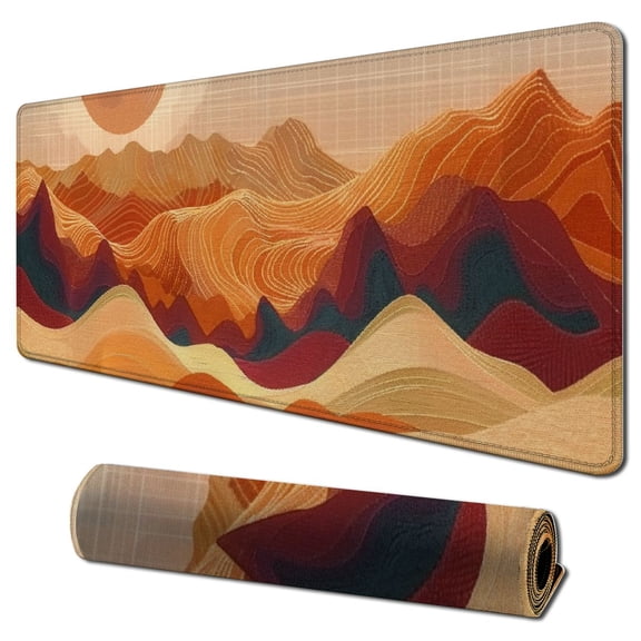 JRXY Abstract Mountains And Sun Boho Mouse Pad, 31.5 x 11.8 Inch Extended Size, Non-slip Rubber Base, Water-resistant Coating 31.5x11.8 in