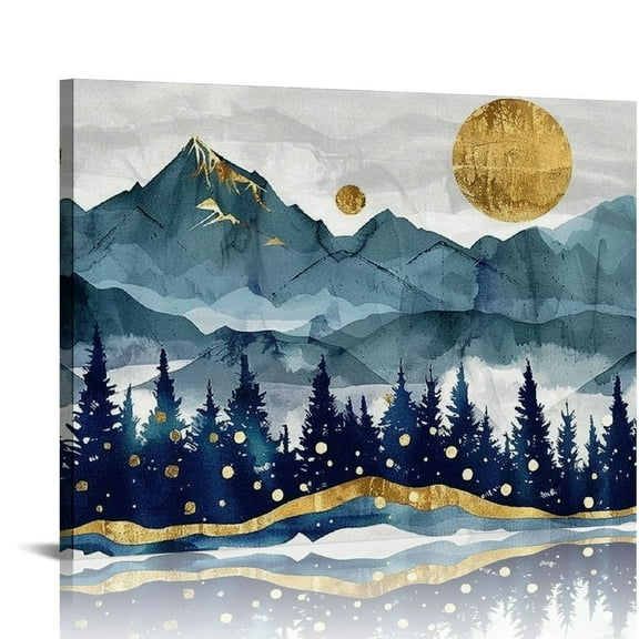 JRXY Abstract Nordic Canvas Wall Art - Indigo Blue and Brown Mountain Forest Picture Wall Decor Sun Birds Canvas Painting Nature Landscape Prints Artwork for Living Room Bedroom Decoration picture 1