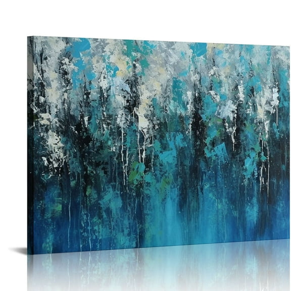 JRXY Abstract Teal Canvas Wall Art Turquoise Abstract Painting Teal and Grey Picture Wall Decor Blue Teal Artwork Navy Blue White Gray Abstract Painting Teal and Silver Abstract Painting 20x16in