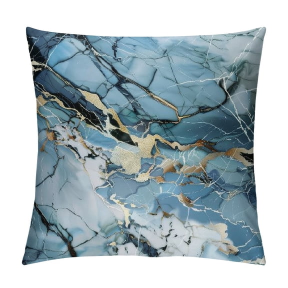 JRXY  Abstract Throw Pillow Soft Cushion Cover 'Blue &amp; Gold Geode Crystal Dream Crystals Modern Marble Agate' Fractal Pattern Decorative Square Accent Pillow Case, Blue, Gold White