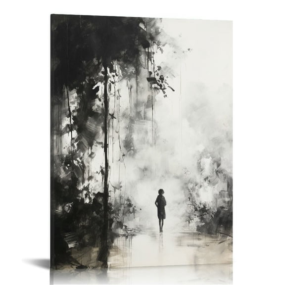 JRXY Abstract Wall Art Modern Minimalist Canvas Painting Home Decor for Living Room Bedroom Office - Small Size Framed Black and White Artwork 16x20 in