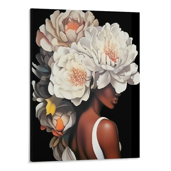 JRXY African American Wall Art White Flower on Black Women Head Vintage Canvas Art Paintings Modern Abstract Girl Picture Home Wall Decor for Bedroom Framed Ready to Hang 16x20in