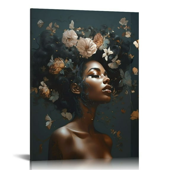 JRXY African American Wall Art White Flower on Black Women Head Vintage Canvas Art Paintings Modern Abstract Girl Picture Home Wall Decor for Bedroom Living Room Framed Ready to Hang 12x16 in