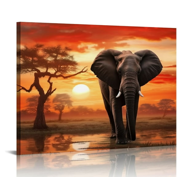JRXY African Elephants Canvas Wall Art Wild Animal Picture Sunset Nature Landscape Painting Wall Decor Scenery Large Artwork for Living Room Office Bedroom Decoration Picture 1