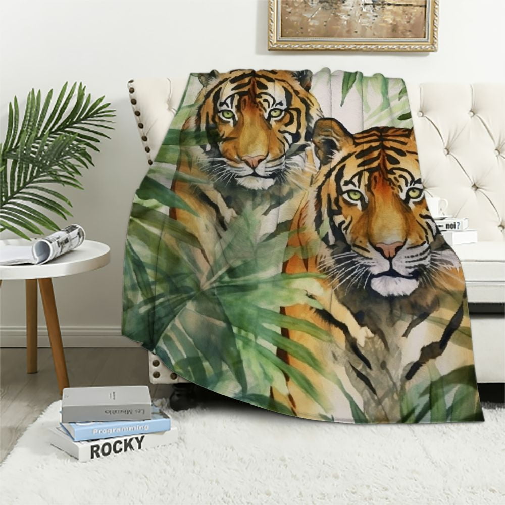 JRXY African Tiger Throw Blanket Watercolor Exotic African Tiger Jungle ...