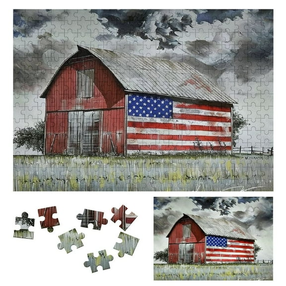 JRXY American Flag Barn Wooden Jigsaw Puzzle - Impossible Wooden Puzzles - Gift for Family Friends 300 PCS