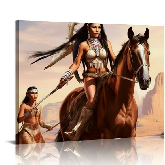 JRXY American Indian Tribal Women Female Warriors Horse and Wolf Poster decorative painting canvas wall art poster picture print modern home living room bedroom decoration 16x12in