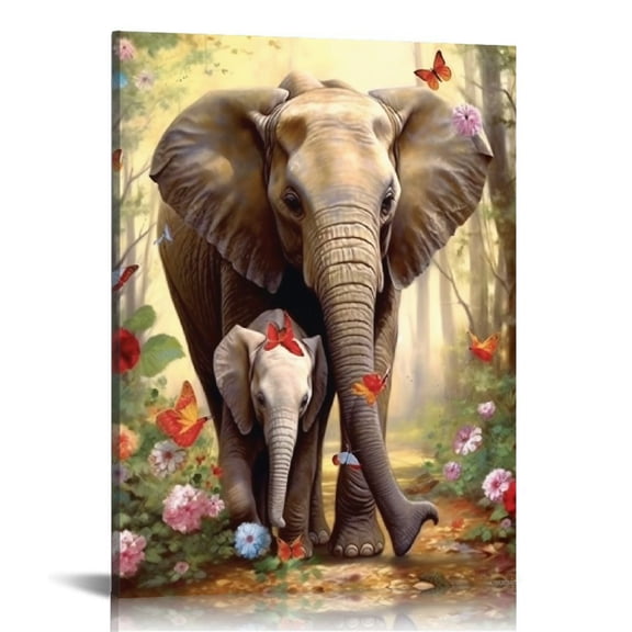 JRXY  Animal Picture Wall Art Flower Elephant Lion Giraffe in Forest Wildlife Painting Artwork for Bedroom Home Living Room Decor Stretched and Framed Ready to Hang  12x16 in