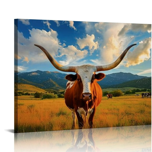 JRXY Animal Poster Longhorn Cow on The Cattle Farm Art Canvas Wall Picture Modern Home Bedroom Decoration 20x16in