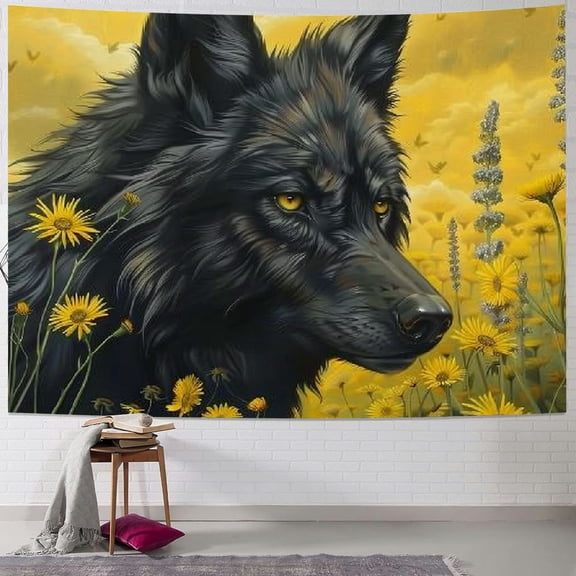 JRXY Animal Tapestry Black Wolf Yellow Flower Wall Hanging Aesthetic Decoration For Bedroom Living Room Wall Art Tapestries Painting