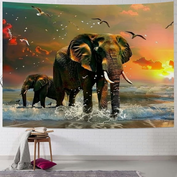 JRXY Animal Theme Tapestry Safari Art, Africa Elephant Playing in Ocean at Sunrise Nature Designs Tapestry, Wall Art Hanging for Bedroom Living Room Dorm Painting