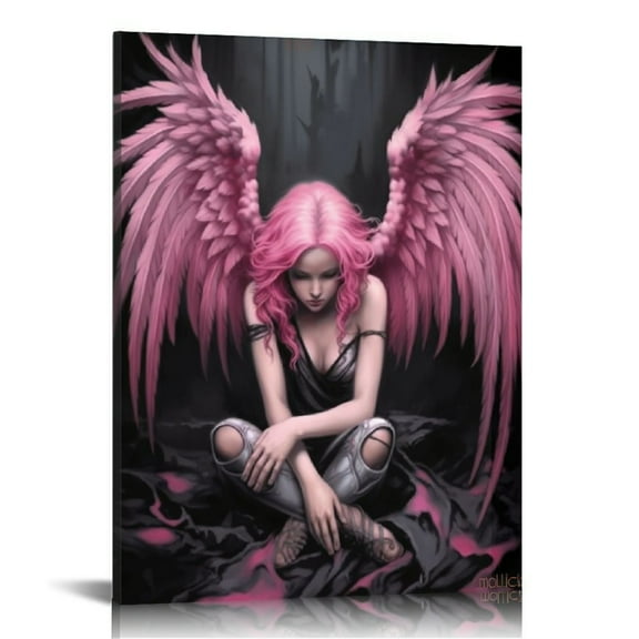 JRXY Art Poster Sad Cry Chain Black And White Black And White Painting Fallen Angel Pink Wings Fantasy Ar Canvas Painting Posters And Prints Wall Art Pictures for Living Room Bedroom 16x20in 16x20 in