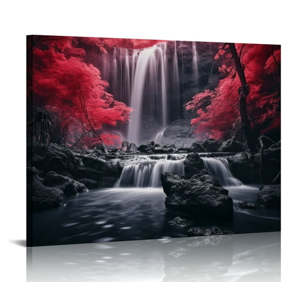 JRXY Artmyharbor Waterfall Picture Prints Black and Red Wall Art Autumn Forest Tree Landscape Painting Nature Canvas Artwork for Home Office Bathroom Living Room Decor 20x16in