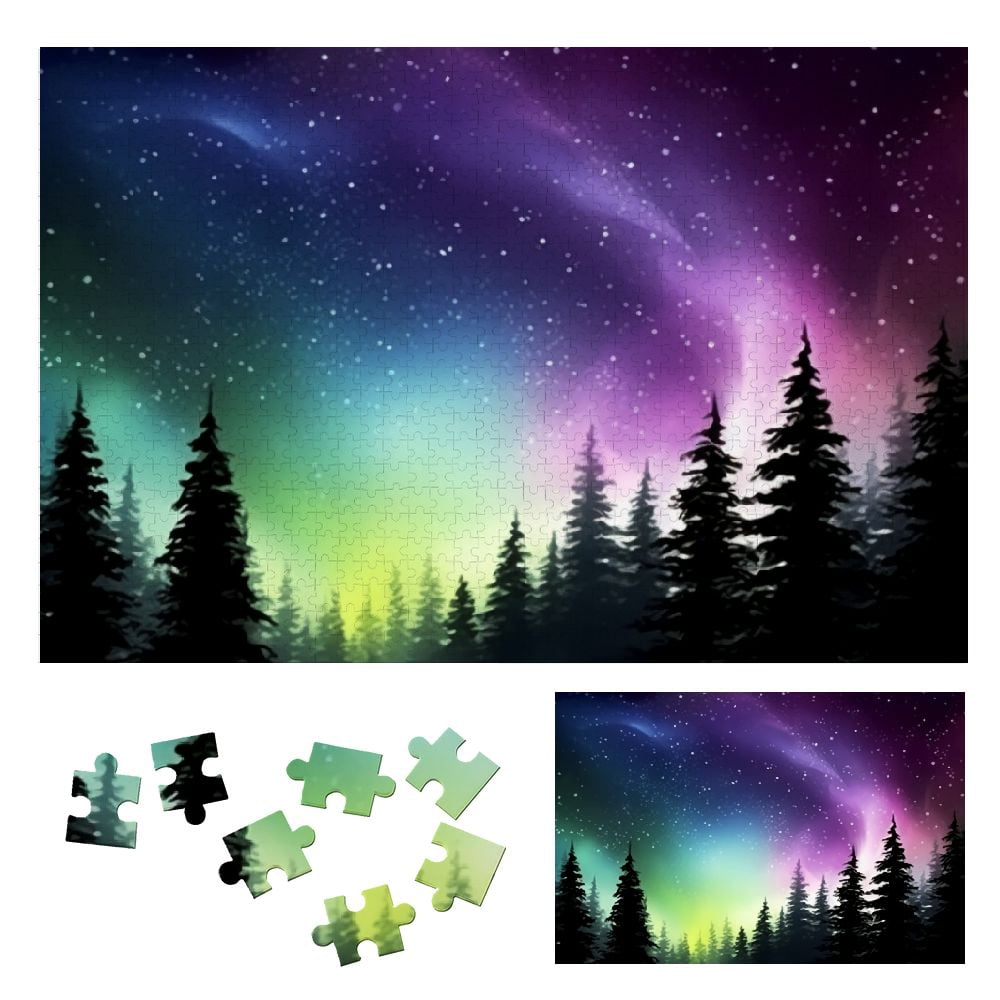JRXY Aurora Borealis Trees Night Sky Wooden Jigsaw Puzzle Challenging ...