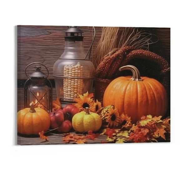 JRXY Autumn Canvas Prints Wall Art Fall Pumpkins with Sunflowers Red Leaves Picture Poster for Home Decor Thanksgiving Gifts - 20x16 Inch 20x16in