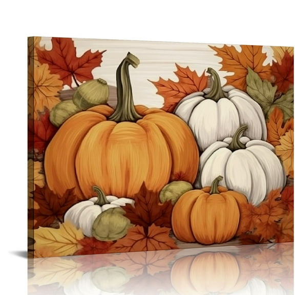 JRXY Autumn Canvas Wall Art Pumpkin Fall Leaf Pictures Thanksgiving Wall Prints Rustic Halloween Themed Wall Decor Framed 16x24 Inch 20x16in