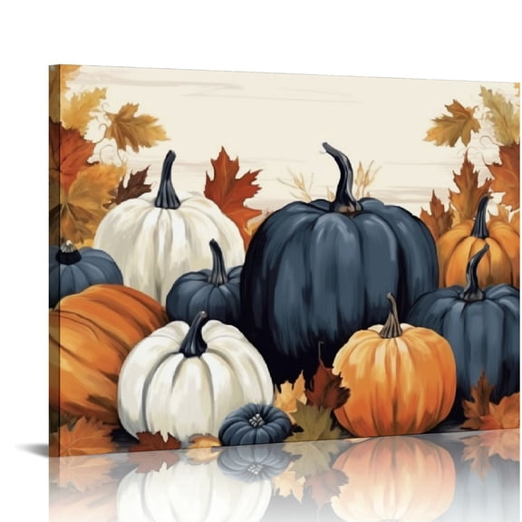 JRXY Autumn Canvas Wall Art Pumpkin Harvest Fall Thanksgiving Theme Paintings Prints Farm Decor Halloween Gifts Framed 20x16in
