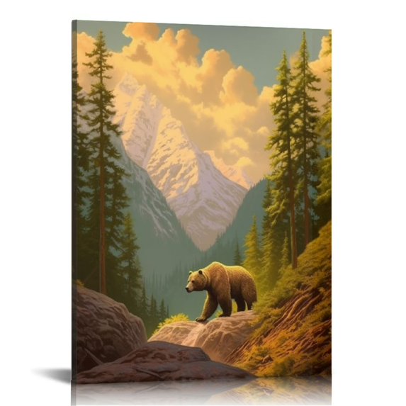 JRXY  Autumn Forest Mountain Wall Art Bear Canvas Picutres for Bedroom Living Room Wall Decor Modern Landscape Canvas Artwork Contemporary Nature Picture Prints Framed Ready to Hang  12x16 in