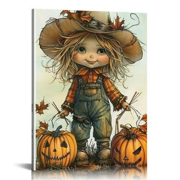 JRXY Autumn Harvest Scarecrow Canvas Wall Art, Rustic Fall Aesthetic for Living Room, Kids Room Decor, Thanksgiving Decoration, Orange Brown 12x16 in