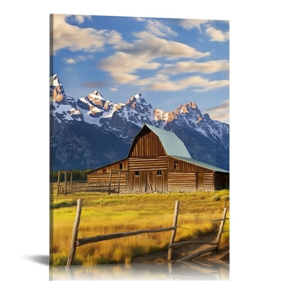 JRXY Autumn Season Canvas John Moulton Barn Pictures for Living Room 3 Panel Country Paintings Cabin Wyoming, USA Wall Art Modern Artwork Home Decorations Wooden Framed 16x20in 16x20 in