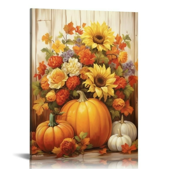 JRXY Autumn Wall Art Pumpkin and Sunflower Canvas Prints Thanksgiving Day Painting Fall Harvest Decor Frame 16x20 in