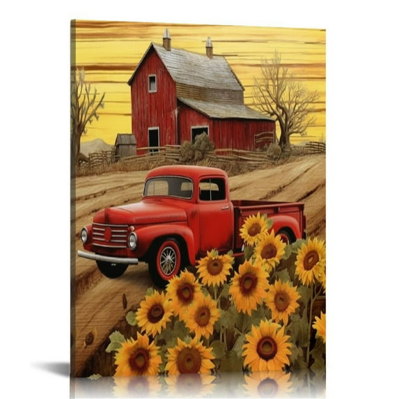 JRXY Barn Prints Farmhouse Old Barn Vintage Farmhouse Canvas Wall Art Red Truck Farmhouse Wall Art Old Truck Red Barn Canvas Old House Pictures Wall Decor Old Barn Sunflower Pictures 16x20 in