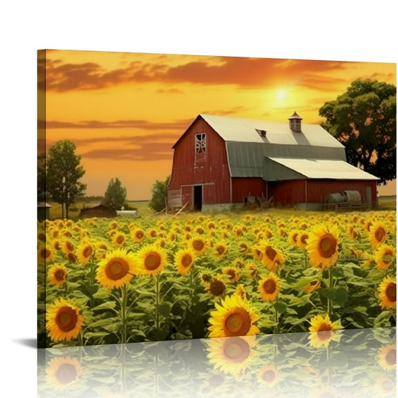 JRXY  Barn Sunflower Field Canvas Wall Art Print  Canvas Canvas Wall Art Print Design (Barn Sunflower Field,) 20x16in