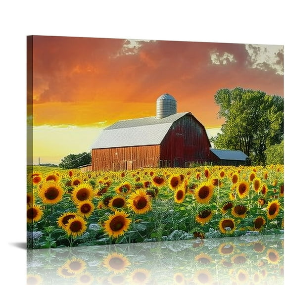 JRXY Barn Sunflower Field Canvas Wall Art Print Design for Home Office Decor with Timer 20x16in