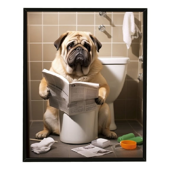 JRXY Bathroom Animal Canvas Wall Art Funny Dog Sitting on Toilet Reading Newspaper Pictures Print Wall Decor Abstract Pug French Bulldog Painting for Bedroom Kids Boy Room 12x16in