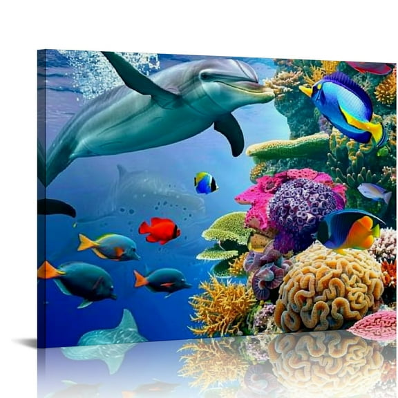 JRXY Bathroom Canvas Wall Art Sea Turtle Wall Decor for Living Room Colorful Fish Coral Dolphin Ocean Theme Underwater World Pictures for Bedroom Navy Seascape Artwork Framed 20x16in