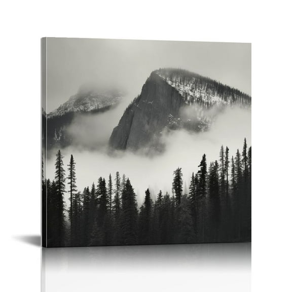 JRXY Bathroom Decor Canvas Wall Art Painting,Outdoor Mountain Forest in Fog Landscap Black and White Canvas Prints Artwork Home Decor for Living Room,Kitchen,Office,Framed Ready to Hang 12x12 in