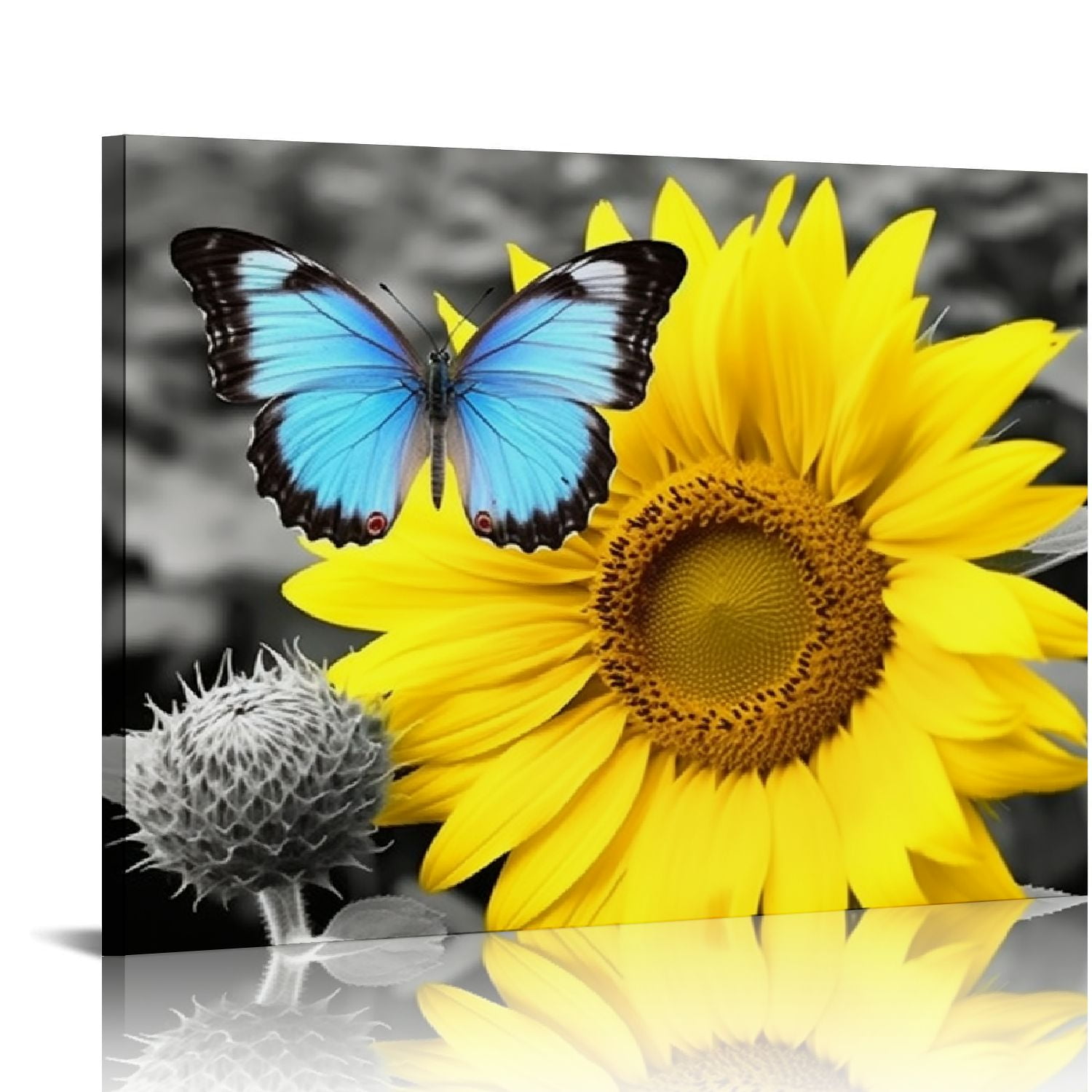 JRXY Bathroom Decor Sunflower Canvas Wall Art Blue Butterfly Picture