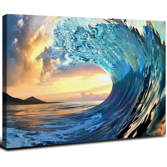 JRXY Bathroom Ocean Pictures Wall Art: Surf Wave Art Sea Wave Canvas Coastal Prints Modern Sunset Beach Photo Nautical Artwork Decoration for Bedroom Kitchen Office Living Room Wall Decor 16x12inch