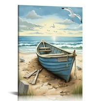 JRXY Bathroom Wall Art Coastal Décor Nautical Boat on Beach Canvas Picture Ocean Seagull Seascape Canvas Print Sea Bird Farmhouse Artwork for Seashore Bedroom Living Room Blue Teal 12x16 in
